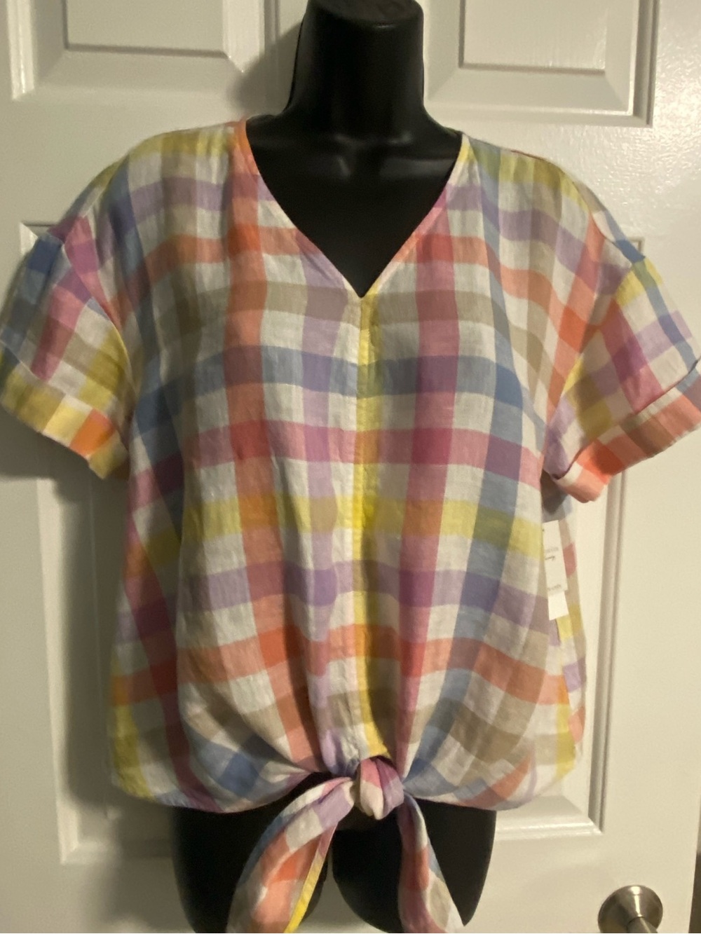 NWT Women’s Pastel Plaid Tie-Front Top - Multicolor Size M
